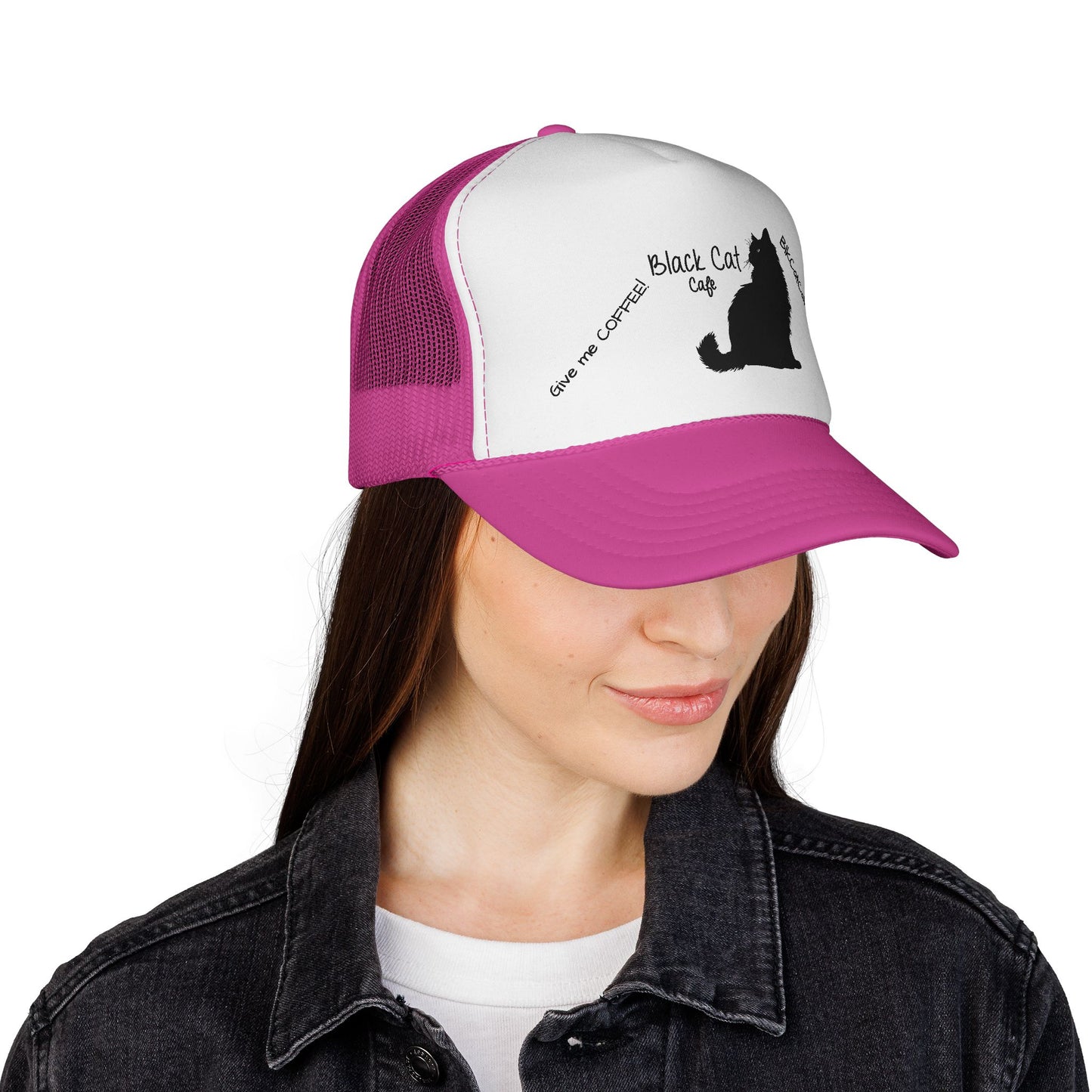 Black Cat Cafe Trucker Hat — 'Give Me Coffee!!!' Silhouette Cap for Cat Lovers
