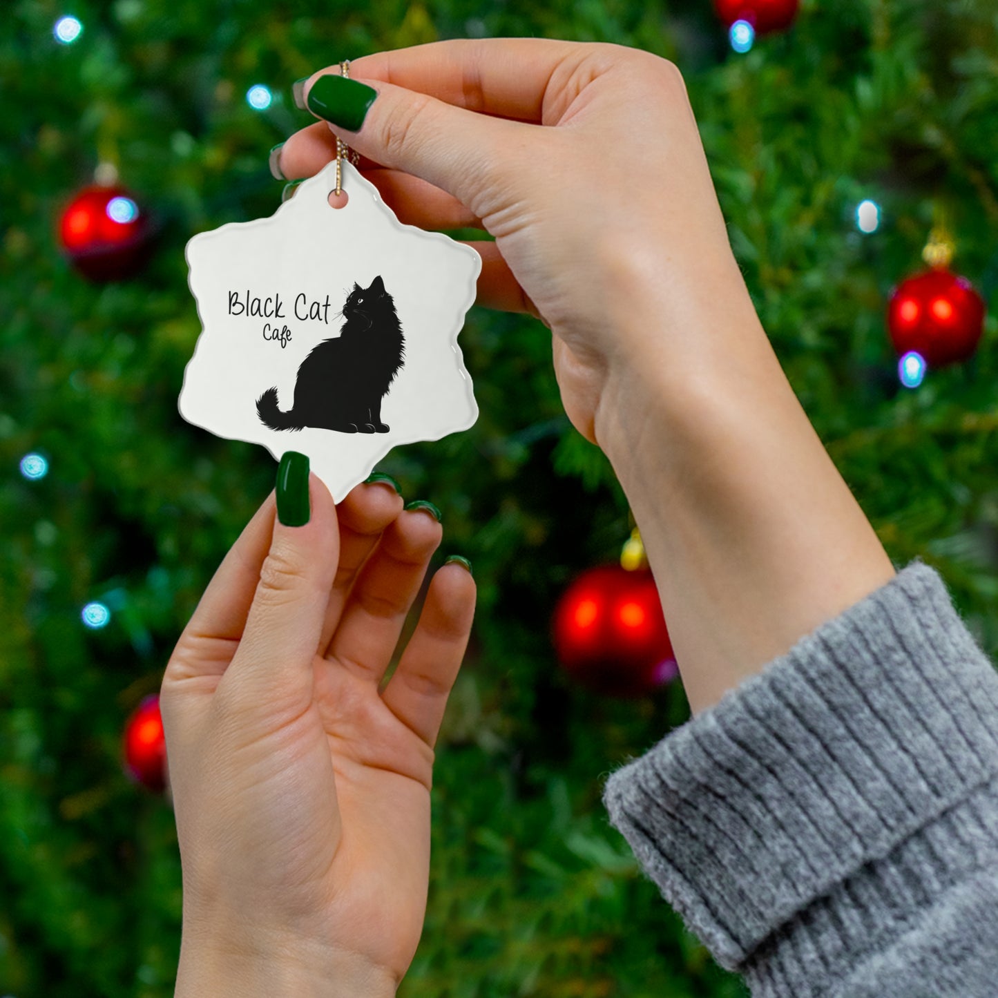 Ceramic Ornament - 'Black Cat Café' Decorative Star Ornament, Cat Lover Gift