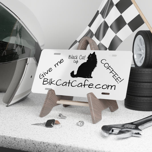 Black Cat Cafe Vanity Plate — 'Give me COFFEE!' License Plate with Cat Silhouette & BlkCatCafe.com