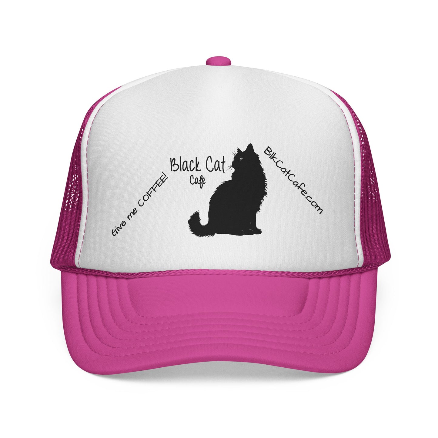 Black Cat Cafe Trucker Hat — 'Give Me Coffee!!!' Silhouette Cap for Cat Lovers