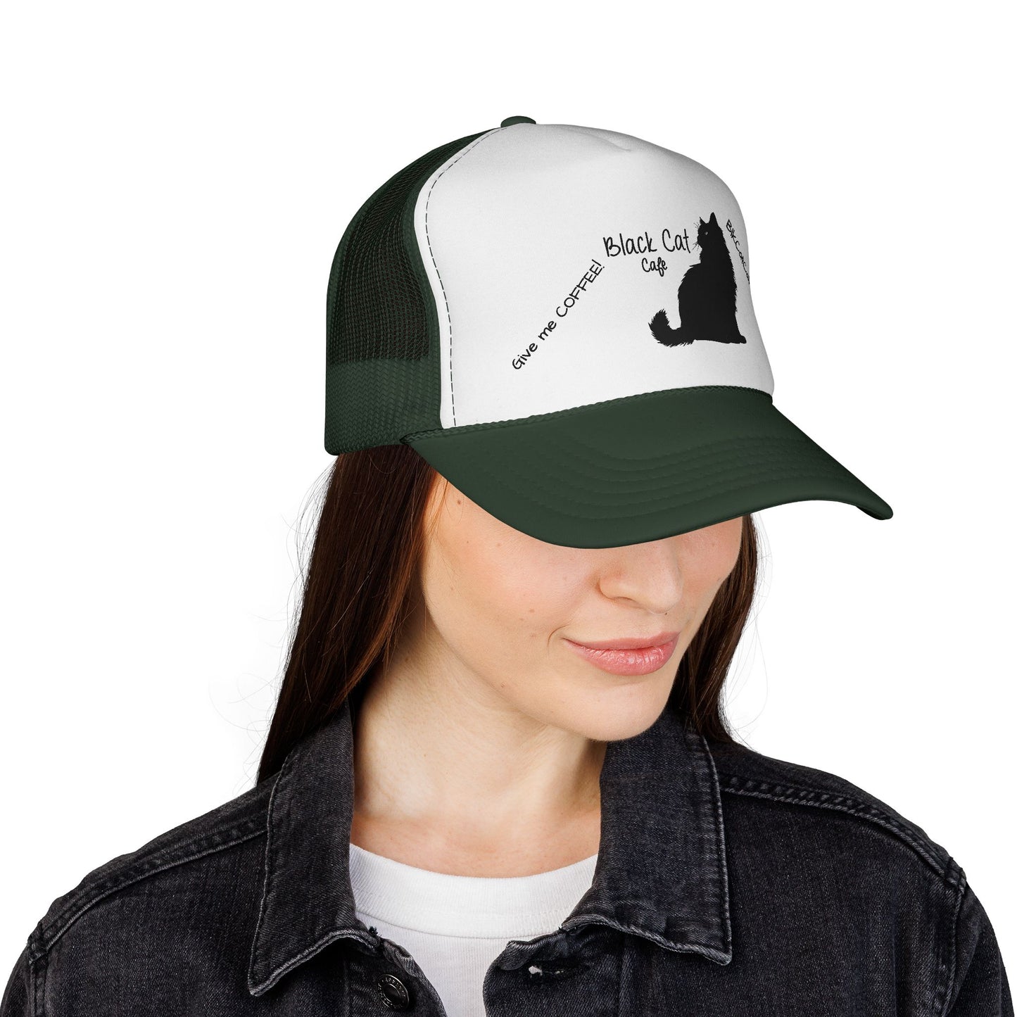 Black Cat Cafe Trucker Hat — 'Give Me Coffee!!!' Silhouette Cap for Cat Lovers