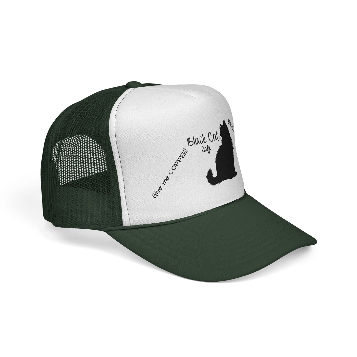 Black Cat Cafe Trucker Hat — 'Give Me Coffee!!!' Silhouette Cap for Cat Lovers