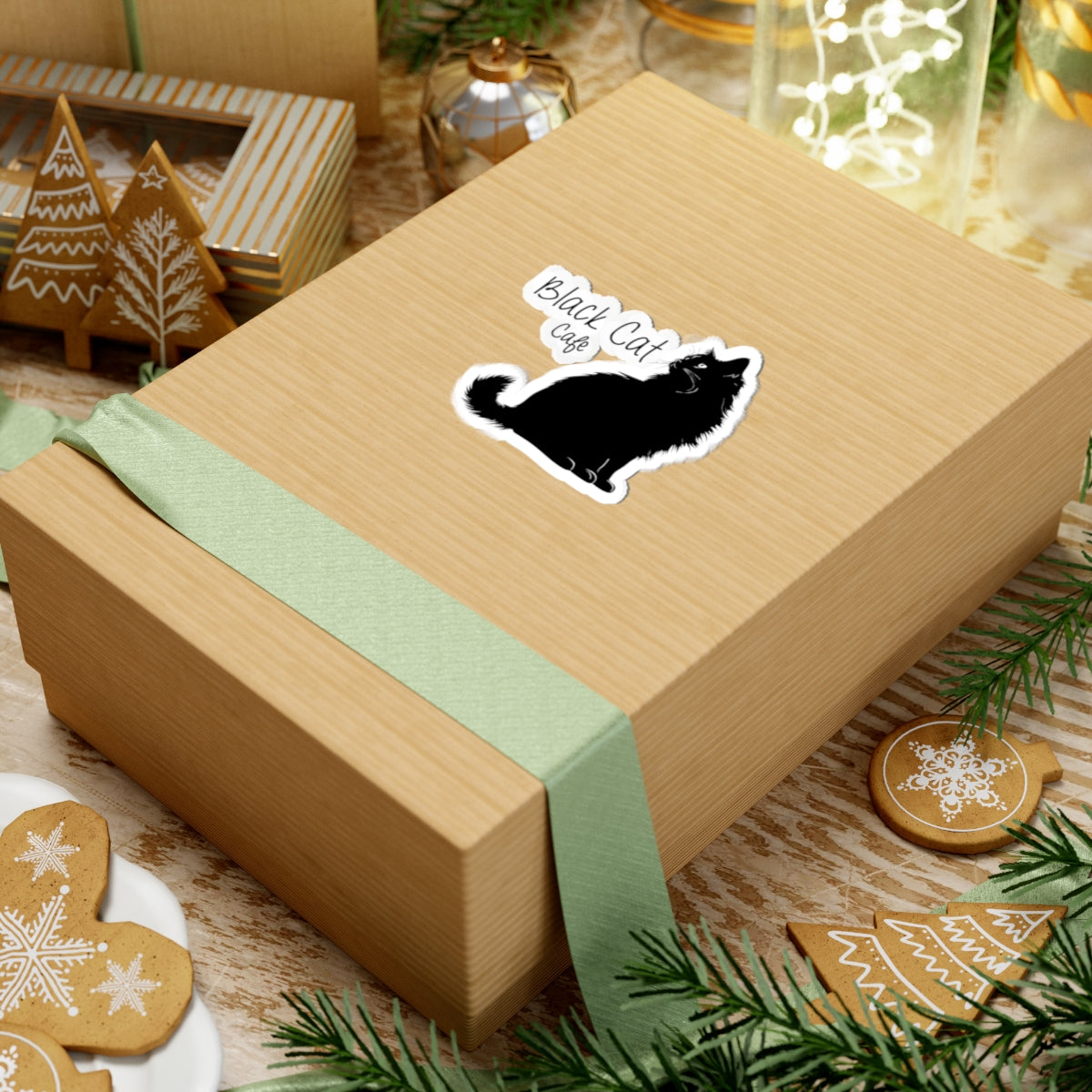 Black Cat Cafe Kiss-Cut Sticker — Cute Silhouette Cat Decal for Laptops & Notebooks