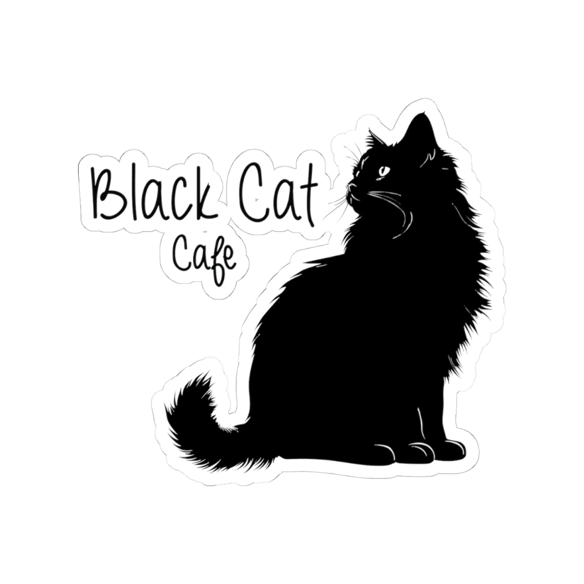 Black Cat Cafe Kiss-Cut Sticker — Cute Silhouette Cat Decal for Laptops & Notebooks