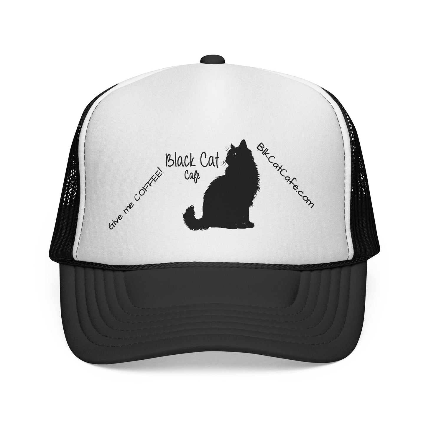 Black Cat Cafe Trucker Hat — 'Give Me Coffee!!!' Silhouette Cap for Cat Lovers