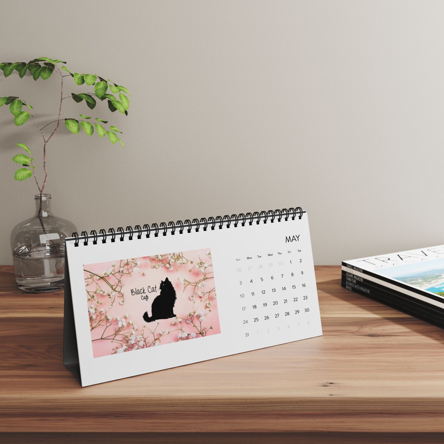 Black Cat Cafe Desktop Calendar 2026 — Spiral-Bound Desk Planner with Monthly Grid
