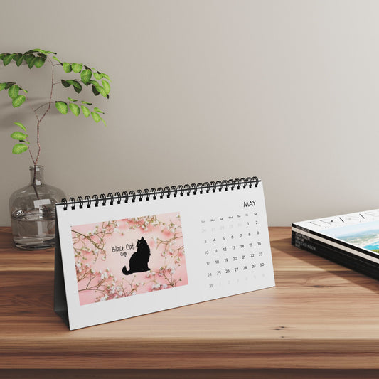 Black Cat Cafe Desktop Calendar 2026 — Spiral-Bound Desk Planner with Monthly Grid