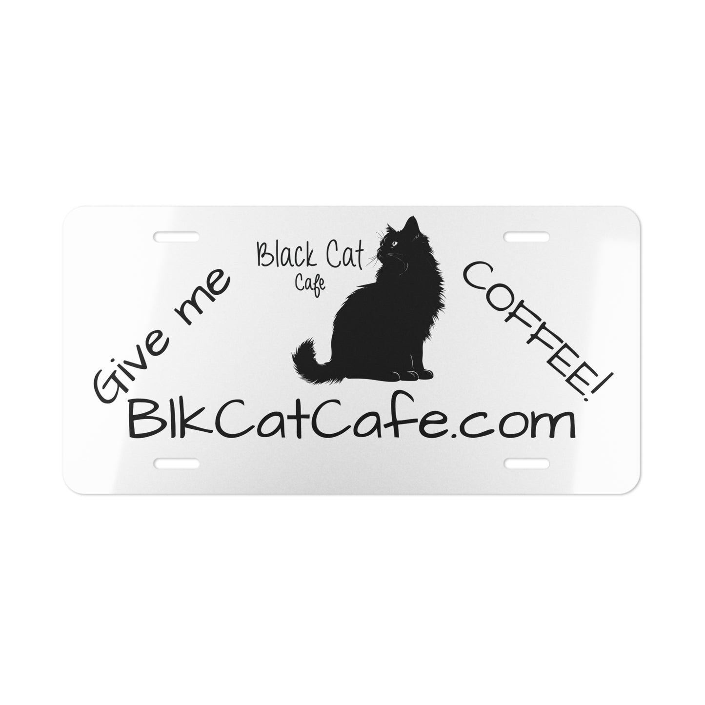 Black Cat Cafe Vanity Plate — 'Give me COFFEE!' License Plate with Cat Silhouette & BlkCatCafe.com