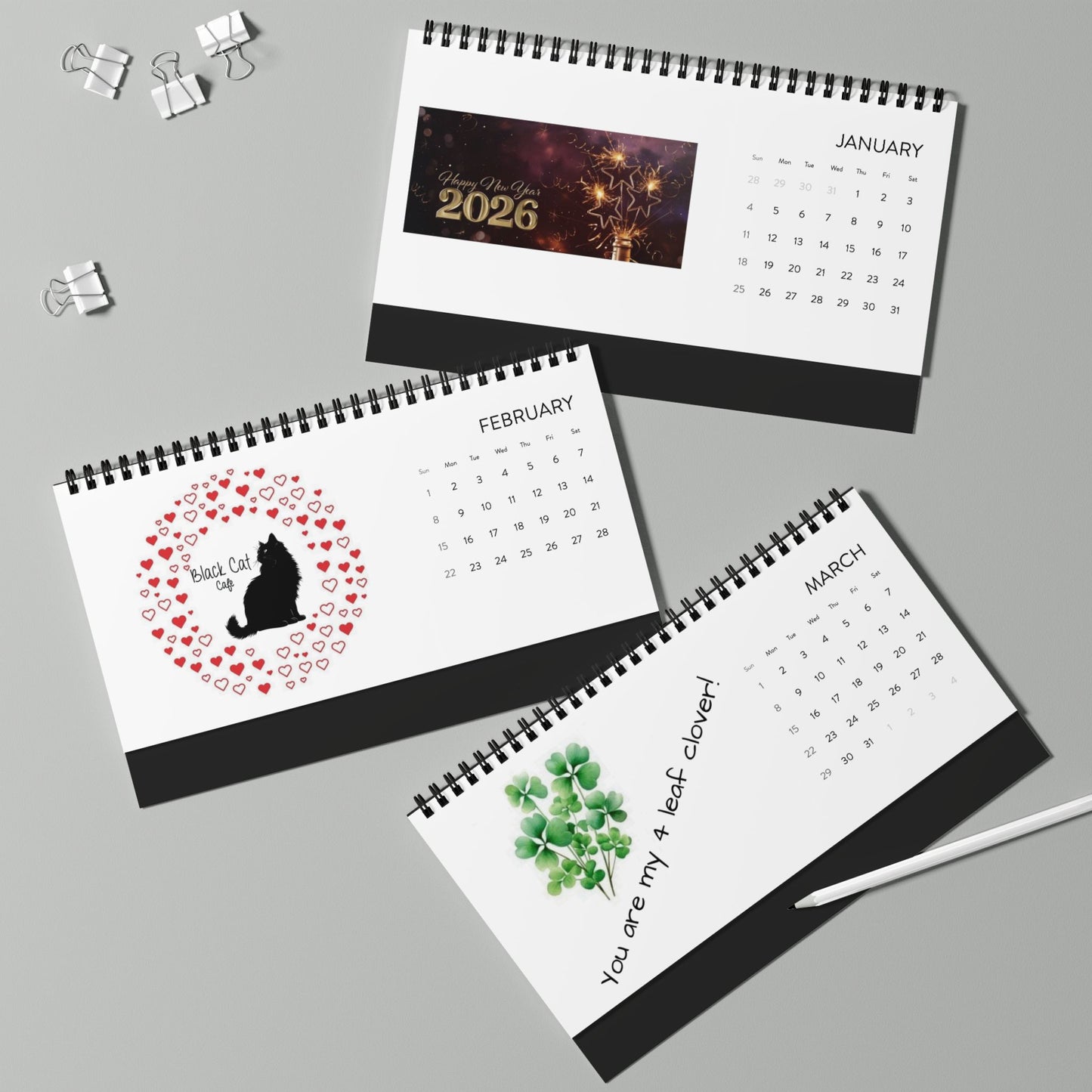 Black Cat Cafe Desktop Calendar 2026 — Spiral-Bound Desk Planner with Monthly Grid