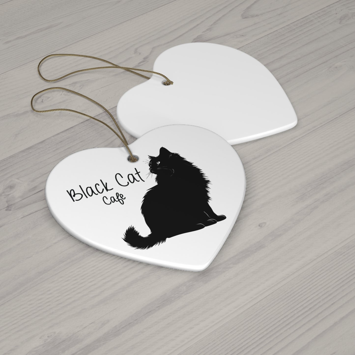 Black Cat Cafe Ceramic Ornament — Heart-Shaped Christmas Tree Decoration