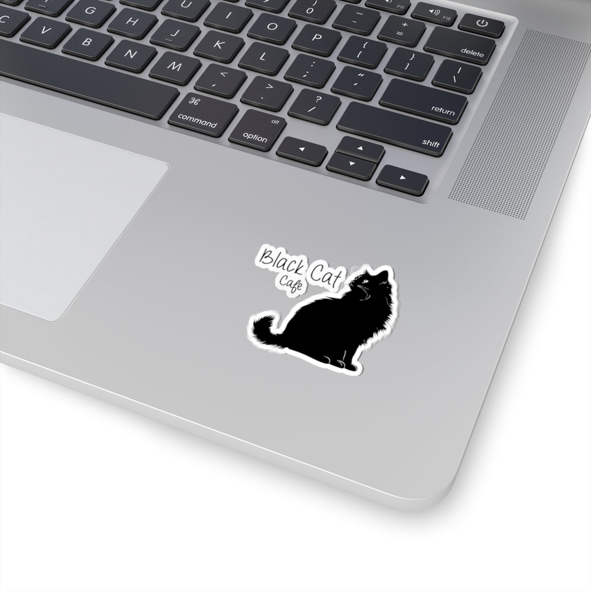 Black Cat Cafe Kiss-Cut Sticker — Cute Silhouette Cat Decal for Laptops & Notebooks