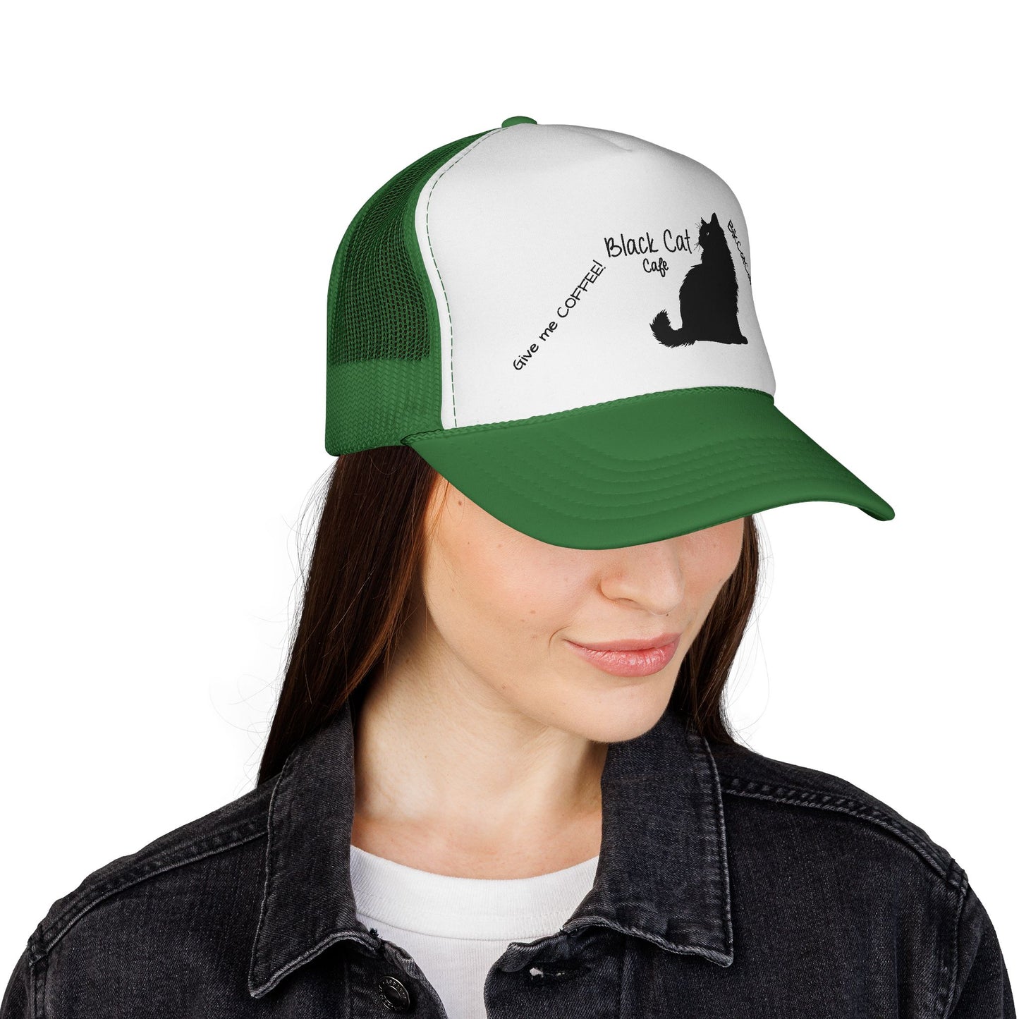 Black Cat Cafe Trucker Hat — 'Give Me Coffee!!!' Silhouette Cap for Cat Lovers