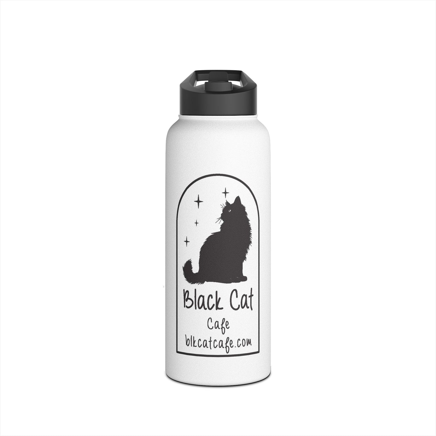 Black Cat Café Stainless Steel Water Bottle — Insulated Travel Bottle with Black Cat Logo