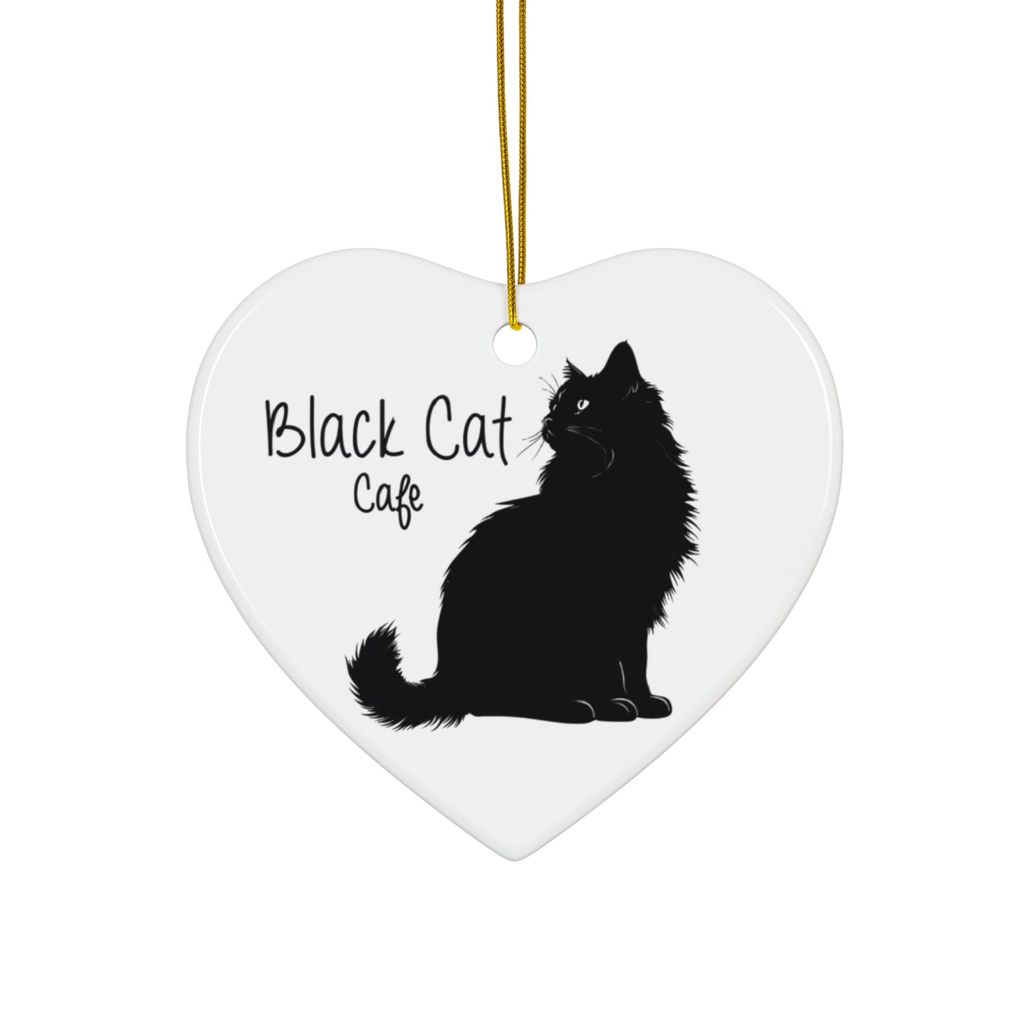 Black Cat Cafe Ceramic Ornament — Heart-Shaped Christmas Tree Decoration