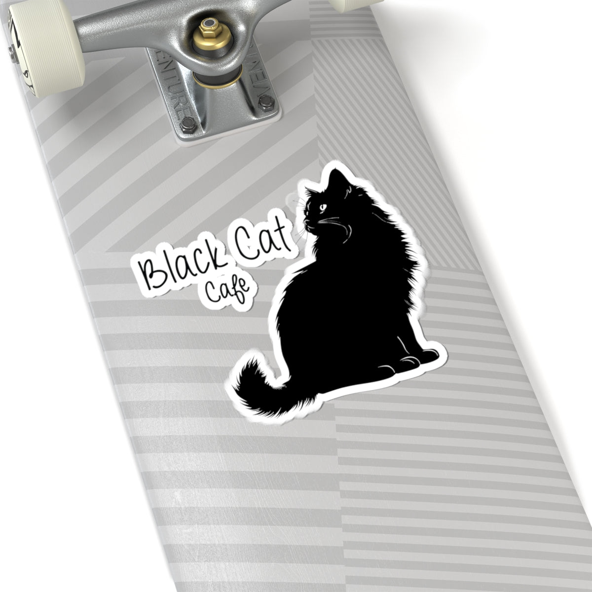 Black Cat Cafe Kiss-Cut Sticker — Cute Silhouette Cat Decal for Laptops & Notebooks