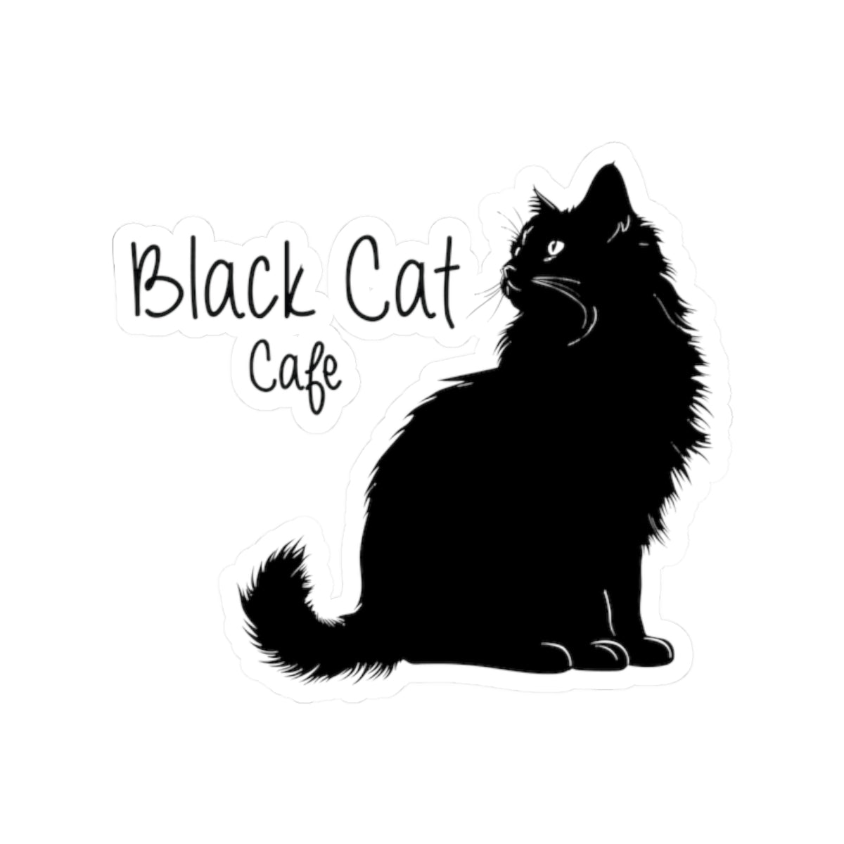 Black Cat Cafe Kiss-Cut Sticker — Cute Silhouette Cat Decal for Laptops & Notebooks