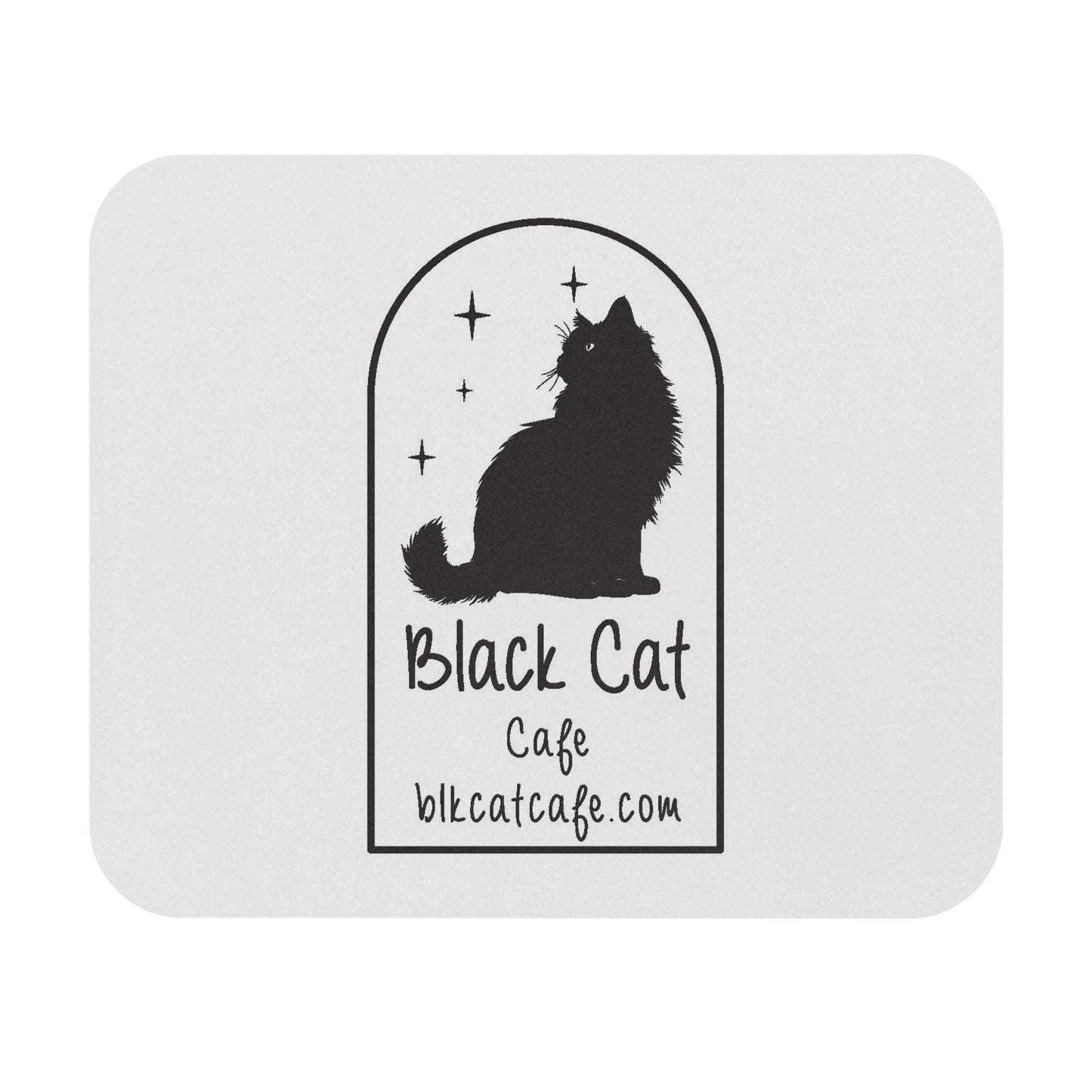 Black Cat Cafe Mouse Pad — Silhouette Cat Desk Mat with Logo and Stars