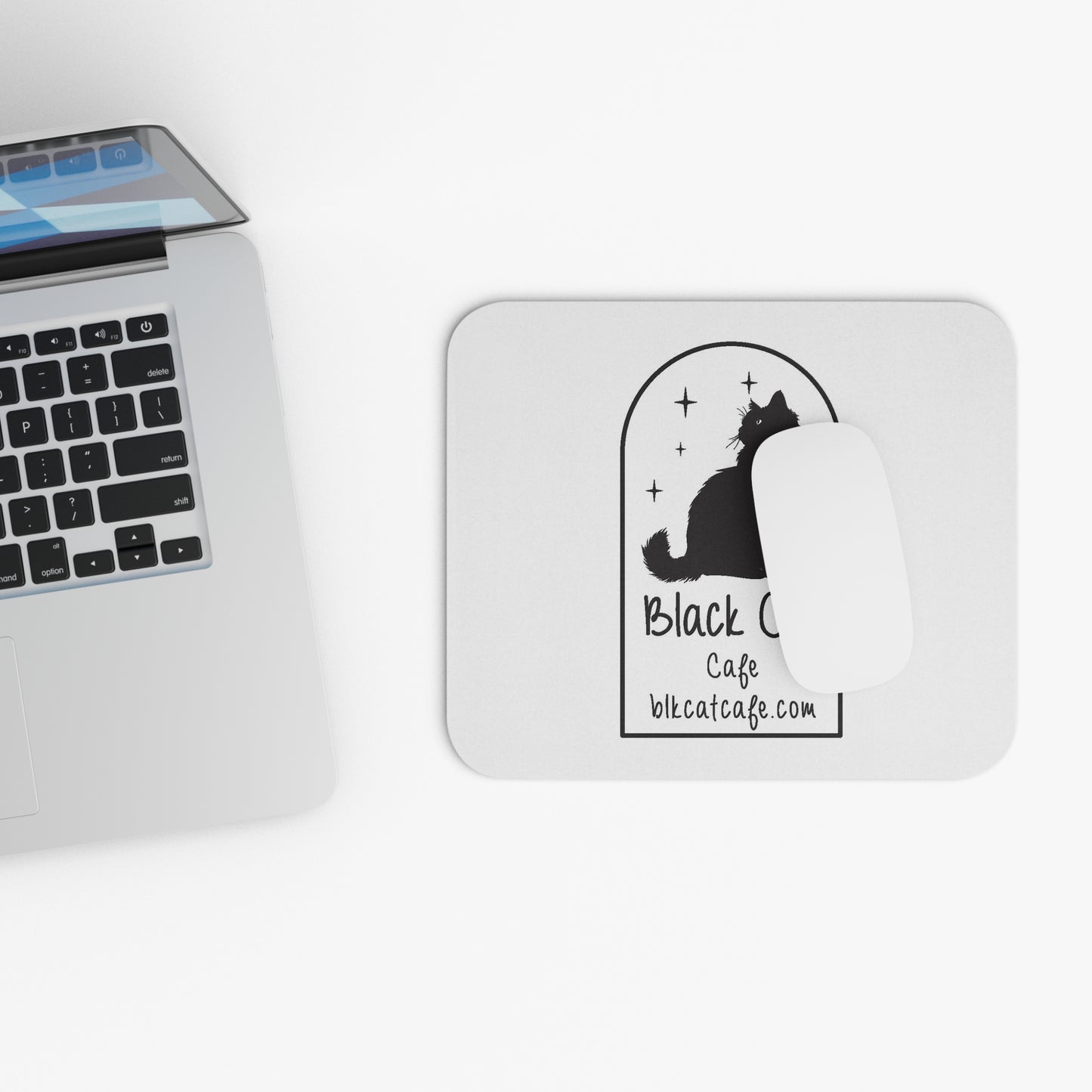 Black Cat Cafe Mouse Pad — Silhouette Cat Desk Mat with Logo and Stars
