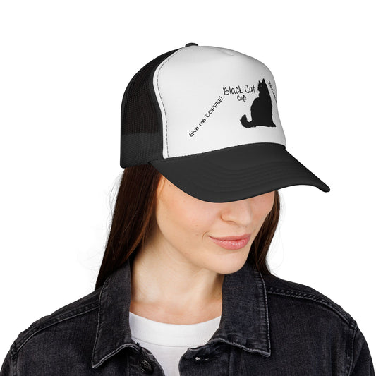 Black Cat Cafe Trucker Hat — 'Give Me Coffee!!!' Silhouette Cap for Cat Lovers