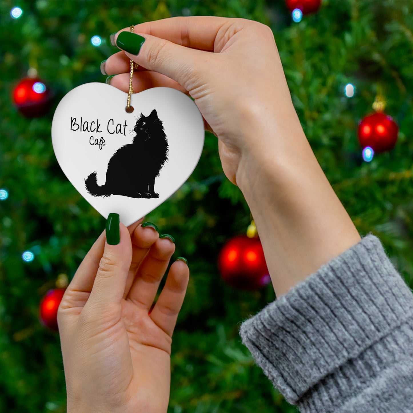 Black Cat Cafe Ceramic Ornament — Heart-Shaped Christmas Tree Decoration