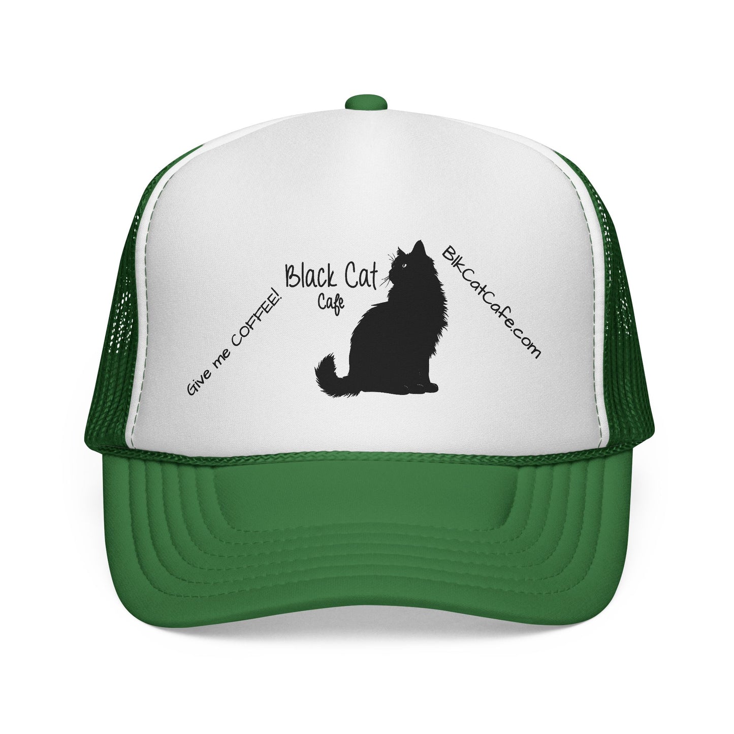 Black Cat Cafe Trucker Hat — 'Give Me Coffee!!!' Silhouette Cap for Cat Lovers