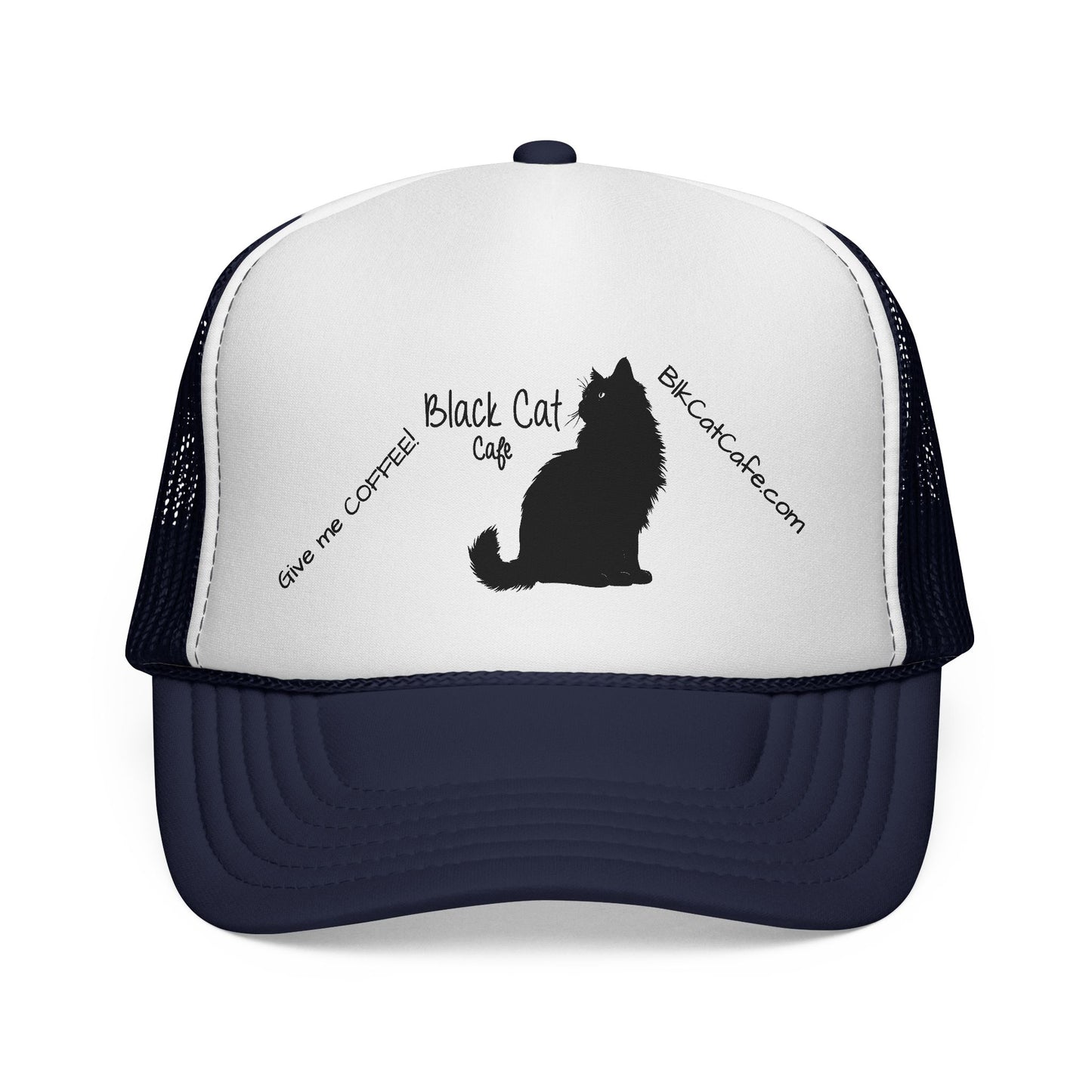 Black Cat Cafe Trucker Hat — 'Give Me Coffee!!!' Silhouette Cap for Cat Lovers