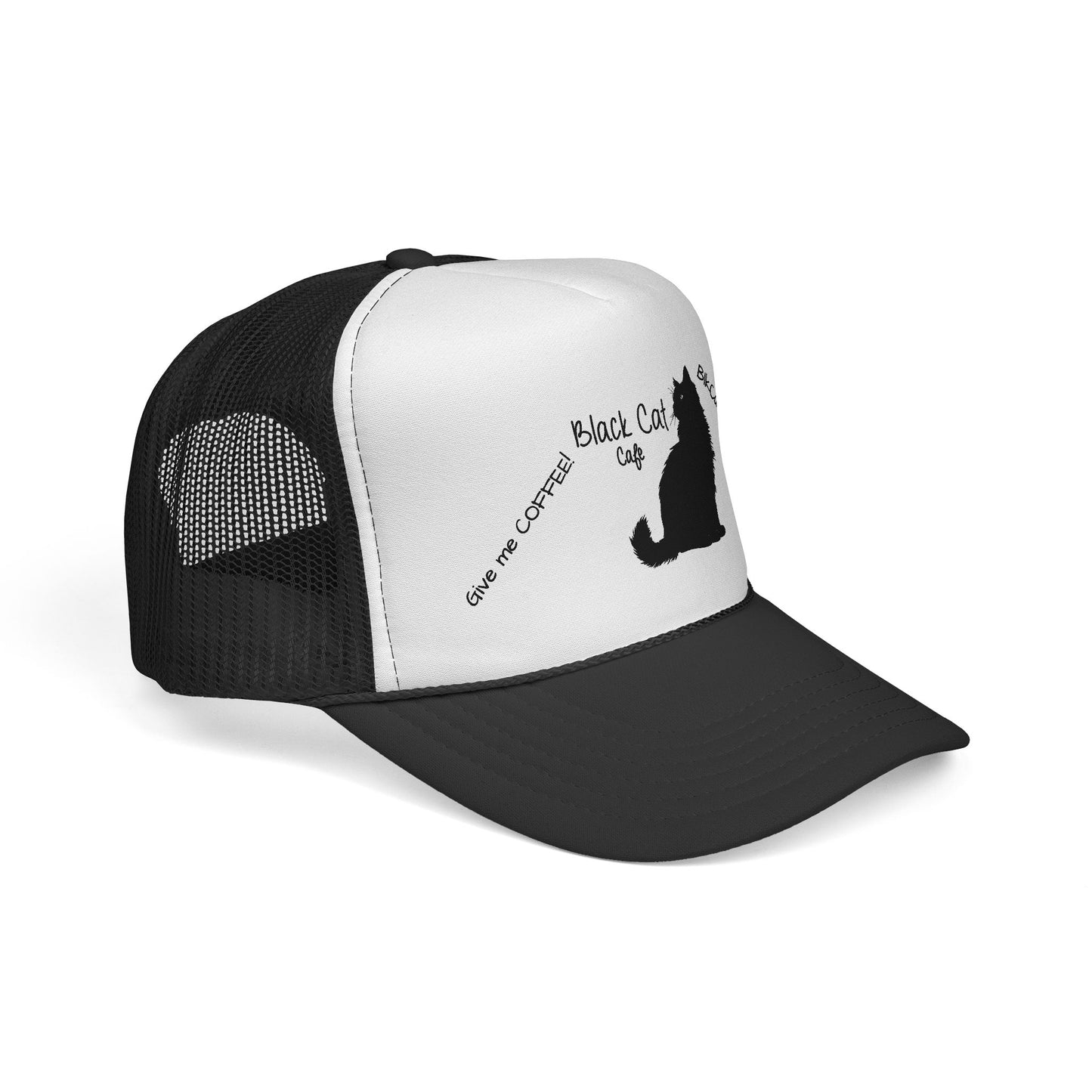 Black Cat Cafe Trucker Hat — 'Give Me Coffee!!!' Silhouette Cap for Cat Lovers