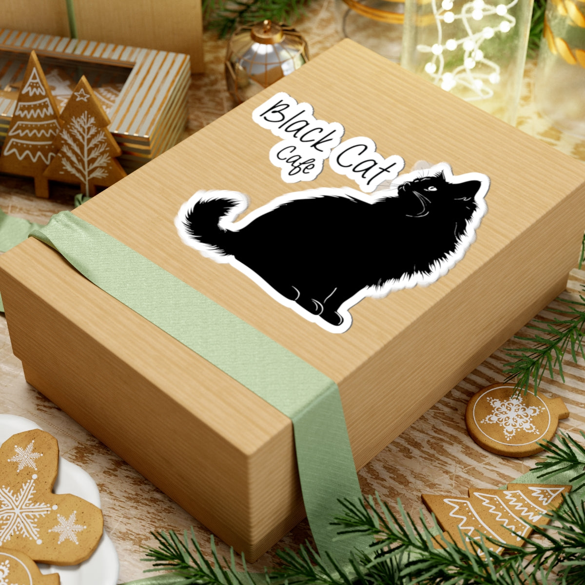 Black Cat Cafe Kiss-Cut Sticker — Cute Silhouette Cat Decal for Laptops & Notebooks