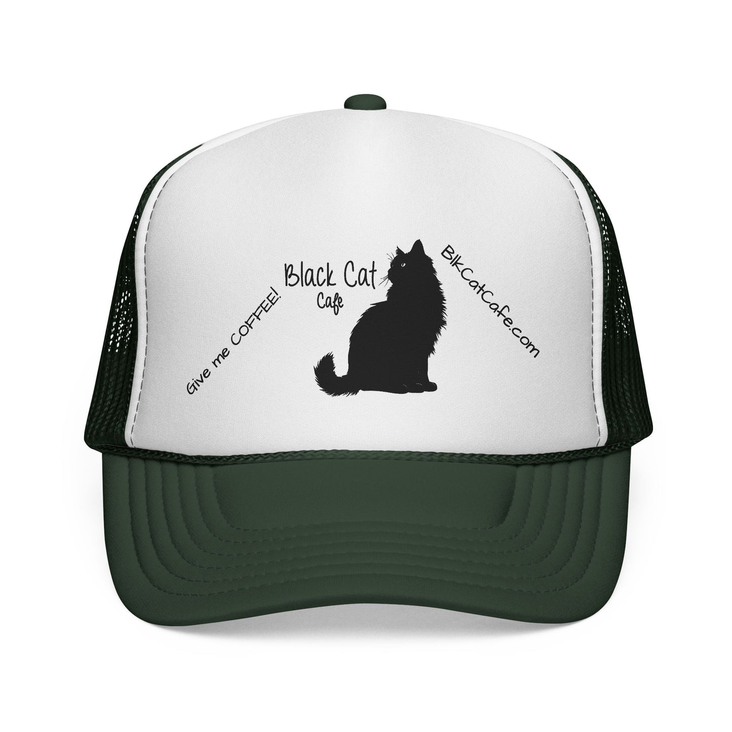 Black Cat Cafe Trucker Hat — 'Give Me Coffee!!!' Silhouette Cap for Cat Lovers