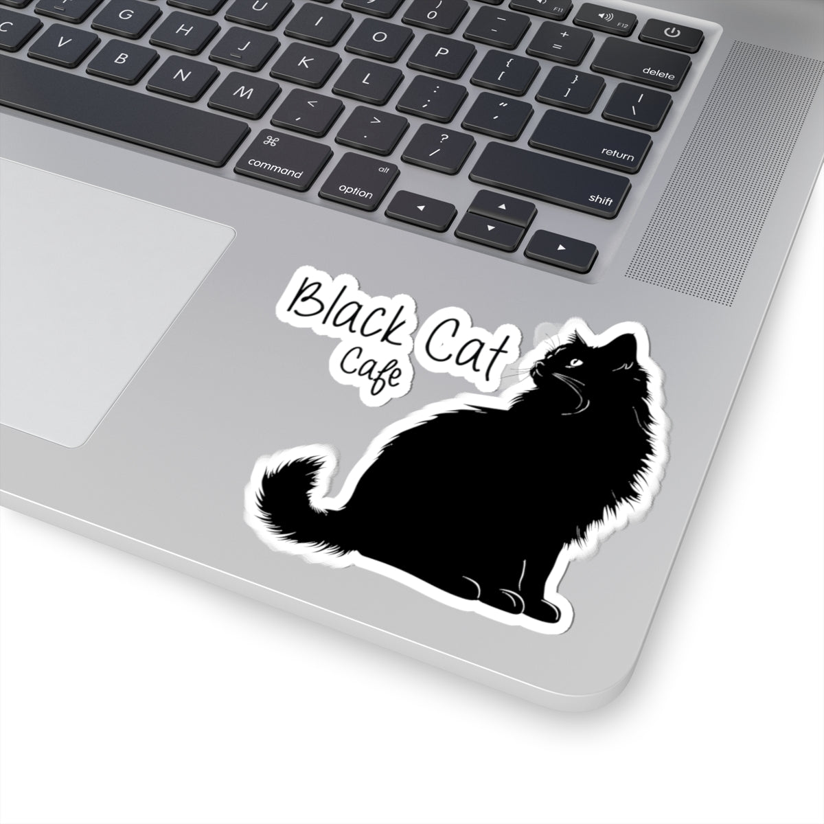 Black Cat Cafe Kiss-Cut Sticker — Cute Silhouette Cat Decal for Laptops & Notebooks