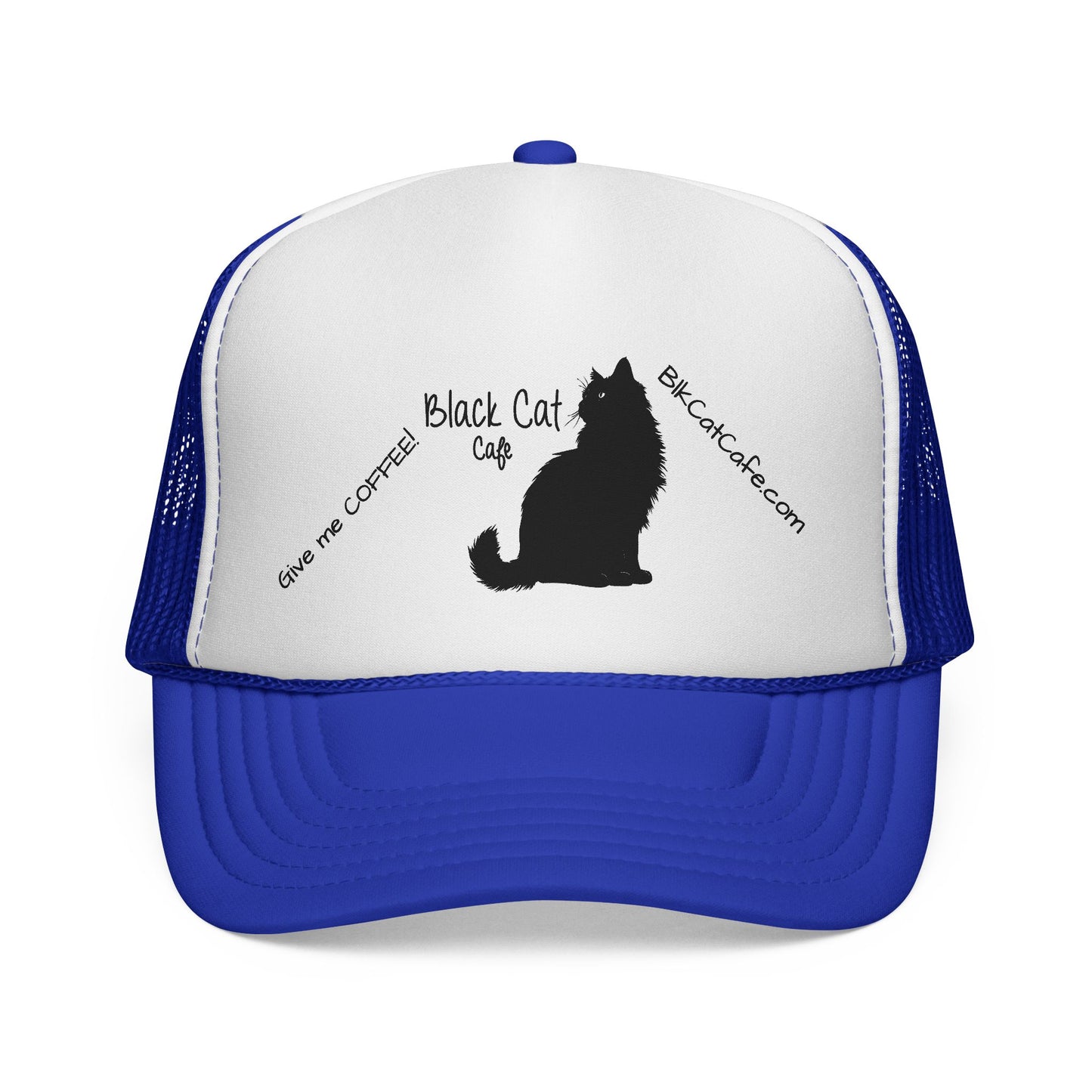 Black Cat Cafe Trucker Hat — 'Give Me Coffee!!!' Silhouette Cap for Cat Lovers
